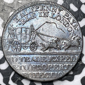 1795 G.B. London J. Palmer Mailcoach 1/2 Penny Conder Token Lot#JM6792 Nice!