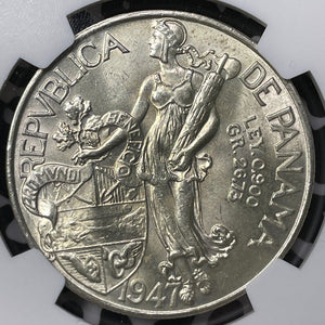 1947 Panama 1 Balboa NGC MS64 Lot#G6082 Large Silver! Choice UNC!
