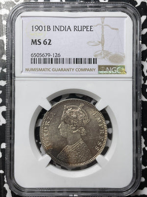 1901-B India 1 Rupee NGC MS62 Lot#G4542 Silver! Nice UNC!