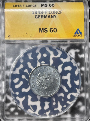1948-F Germany 10 Pfennig ANACS MS60 Lot#G6526 Nice UNC!