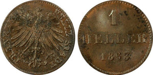 1853 Germany Frankfurt 1 Heller PCGS MS64BN Lot#G6250 Choice UNC!