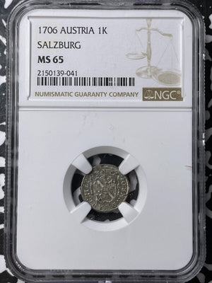 1706 Austria Salzburg 1 Kreuzer NGC MS65 Lot#G6840 Silver! Gem BU! Top Graded!