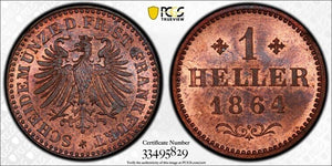 1864 Germany Frankfurt 1 Heller PCGS MS65RB Lot#G6248 Gem BU!