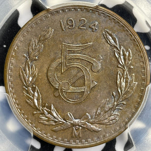 1924-Mo Mexico 5 Centavos PCGS MS62BN Lot#G5006 Nice UNC! Key Date!