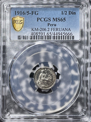 1916/5-FG Peru 1/2 Dinero PCGS MS65 Lot#G6496 Silver! Gem BU!