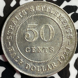 1921 Straits Settlements 50 Cents Lot#D5086 Silver! Nice!