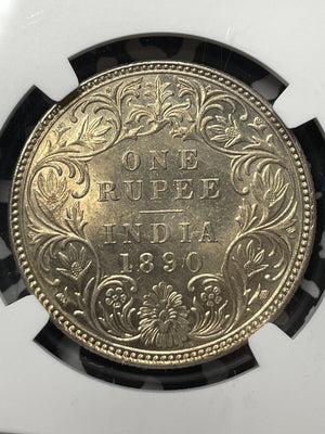 1890-B India 1 Rupee NGC MS62 Lot#G4527 Silver! Nice UNC!