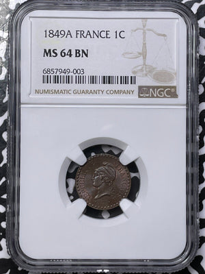 1849-A France 1 Centime NGC MS64BN Lot#G6056 Choice UNC!