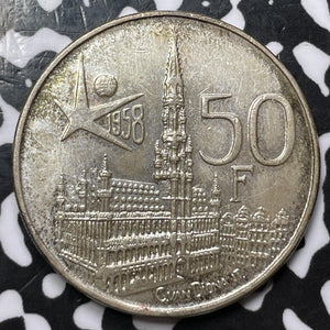 1958 Belgium 50 Francs Lot#D2130 Silver! High Grade! Beautiful! KM#151
