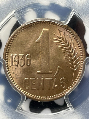1936 Lithuania 1 Centas PCGS MS64RD Lot#G4723 Choice UNC!