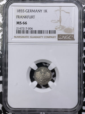 1855 Germany Frankfurt 1 Kreuzer NGC MS66 Lot#G6020 Silver! Gem BU! Top Graded!