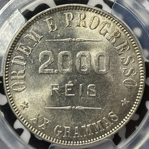 1908 Brazil 2000 Reis PCGS MS63 Lot#G5152 Silver! Choice UNC!