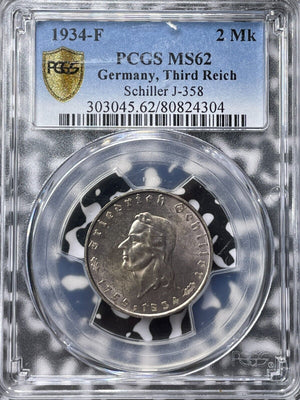 1934-F Germany Schiller 2 Mark PCGS MS62 Lot#G6318 Silver! Nice UNC! J-358