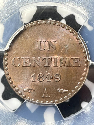 1849-A France 1 Centime PCGS MS64BN Lot#G5796 Choice UNC! Gad-84, F-101.