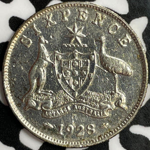 1928 Australia 6 Pence Sixpence Lot#D1700 Silver! Nice Detail, Old Cleaning