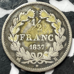 1837-B France 1/2 Franc Half Franc Lot#D6770 Silver!