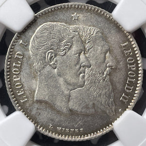 1880 Belgium 1 Franc NGC MS61 Lot#G6225 Silver! Nice UNC!