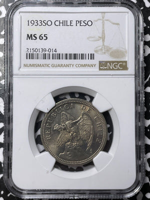 1933-So Chile 1 Peso NGC MS65 Lot#G6846 Gem BU!