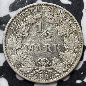 1909-E Germany 1/2 Mark Half Mark Lot#D6325 Silver! Better Date