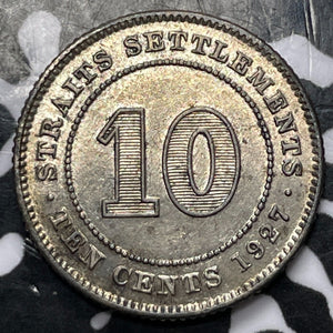 1927 Straits Settlements 10 Cents Lot#D3971 Silver! High Grade! Beautiful!