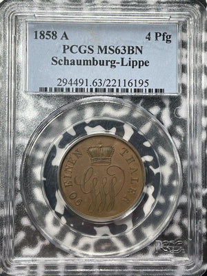 1858-A Germany Schaumburg-Lippe 4 Pfennig PCGS MS63BN Lot#G6255 Choice UNC!