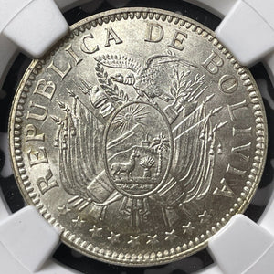 1909-H Bolivia 50 Centavos NGC MS63 Lot#G6741 Silver! Choice UNC!