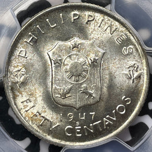 1947-S Philippines 50 Centavos PCGS MS65 Lot#G6730 Silver! MacArthur, KM#184