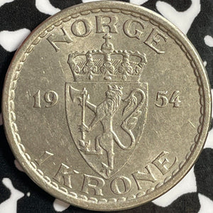 1954 Norway 1 Krone Lot#D3016 Silver! High Grade! Beautiful!