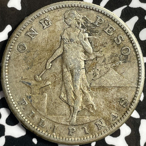 1907-S U.S. Philippines 1 Peso Lot#D5158 Large Silver Coin! Cleaned