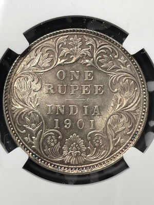 1901-B India 1 Rupee NGC MS62 Lot#G4541 Silver! Nice UNC!