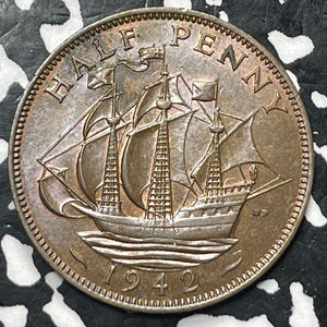 1942 Great Britain 1/2 Penny Half Penny Lot#M3166 High Grade! Beautiful!