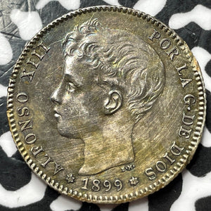 1899 (99) Spain 1 Peseta Lot#D6769 Silver! Beautiful Detail, Old Cleaning