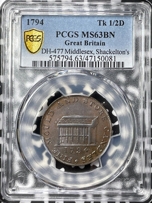 1794 G.B. Middlesex Shackelton's 1/2 Penny Conder Token PCGS MS63BN Lot#G5546