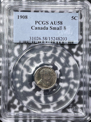 1908 Canada 5 Cents PCGS AU58 Lot#G5040 Silver! Small "8" Variety