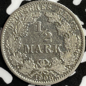 1908-G Germany 1/2 Mark Half Mark Lot#D6240 Silver!