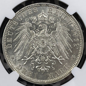 1912-F Germany Wurttemberg 3 Mark NGC MS62 Lot#G6575 Silver! Nice UNC!
