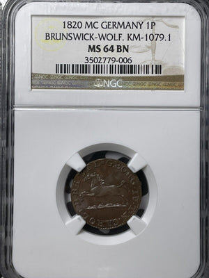 1820-MC Germany Brunswick-Wolfenbuttel 1 Pfennig NGC MS64BN Lot#G6284 KM#1079.1