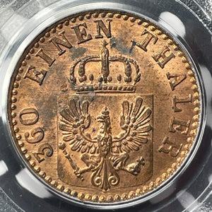1866-A Germany Prussia 1 Pfennig PCGS MS65RD Lot#G6322 Gem BU! Solo Top Graded!