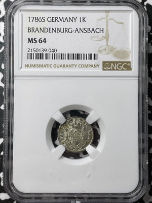1786-S Germany Brandenburg-Ansbach 1 Kreuzer NGC MS64 Lot#G6831 Choice UNC!