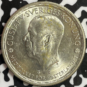 1945 Sweden 2 Kroner Lot#D3006 Silver! High Grade! Beautiful!