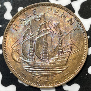 1942 Great Britain 1/2 Penny Half Penny Lot#M4573 High Grade! Beautiful!