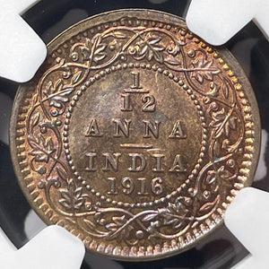 1916 India 1/12 Anna NGC MS65RB Lot#G4805 Gem BU!