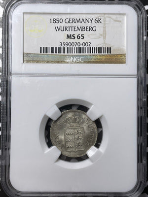 1850 Germany Wurttemberg 6 Kreuzer NGC MS65 Lot#G6239 Gem BU!
