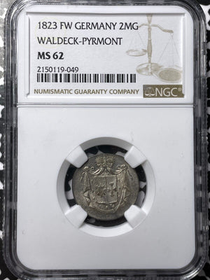 1823-FW Germany Waldeck-Pyrmont 2 Mariengroschen NGC MS62 Lot#G6751 Silver!
