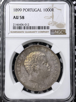 1899 Portugal 1000 Reis NGC AU58 Lot#G5717 Silver!