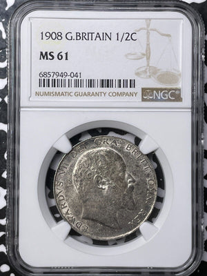 1908 Great Britain 1/2 Crown NGC MS61 Lot#G6092 Silver! Nice UNC! Key Date!