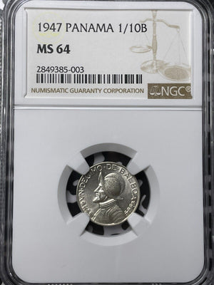 1947 Panama 1/10 Balboa NGC MS64 Lot#G6393 Silver! Choice UNC!