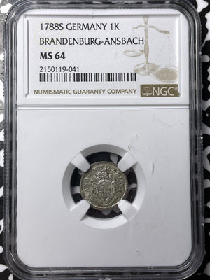 1788-S Germany Brandenburg-Ansbach 1 Kreuzer NGC MS64 Lot#G6734 Choice UNC!