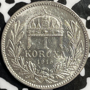 1915 Hungary 1 Korona Lot#D3148 Silver! High Grade! Beautiful!