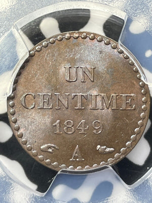 1849-A France 1 Centime PCGS MS64BN Lot#G5798 Choice UNC! Gad-84, F-101